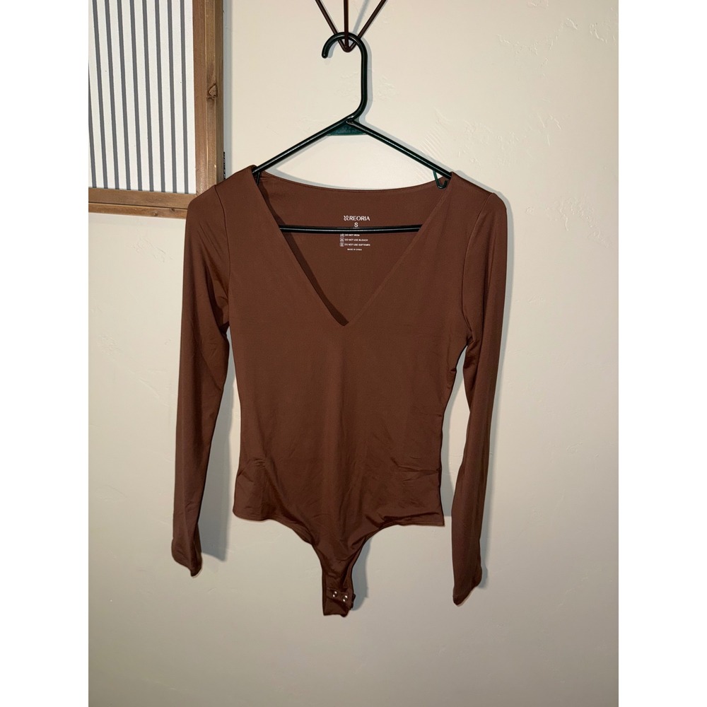 REORIA Womens Brown Deep V Neck Long Sleeve Sexy Bodysuit Small